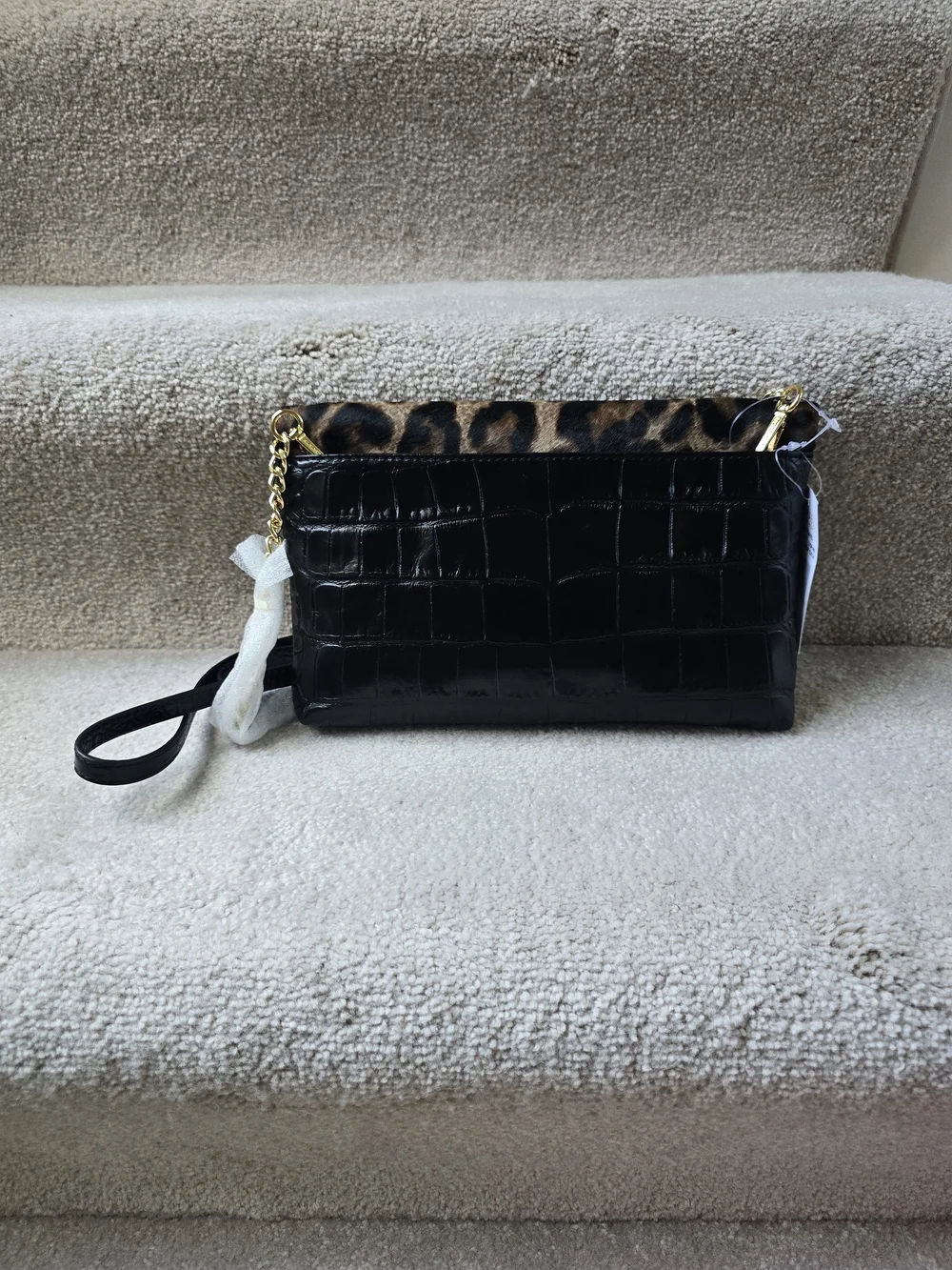 Michael Kors Leopard-Trim Fold-Over Crossbody in Black and Brown